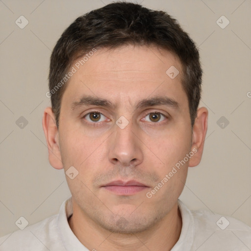 Neutral white young-adult male with short  brown hair and brown eyes