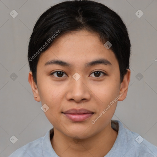 Joyful asian young-adult female with short  brown hair and brown eyes