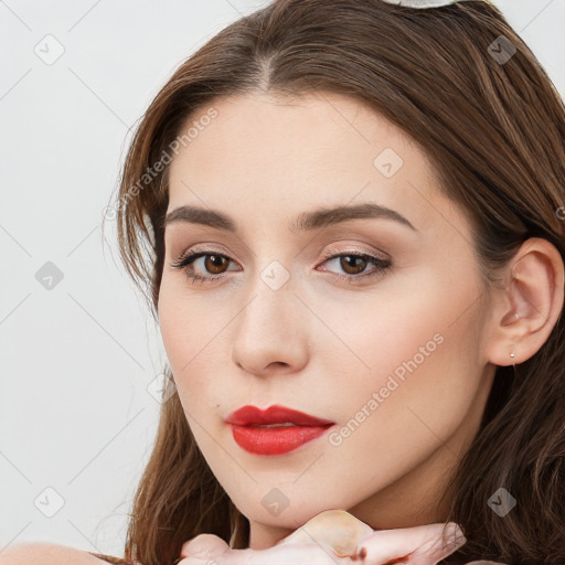 Neutral white young-adult female with long  brown hair and brown eyes