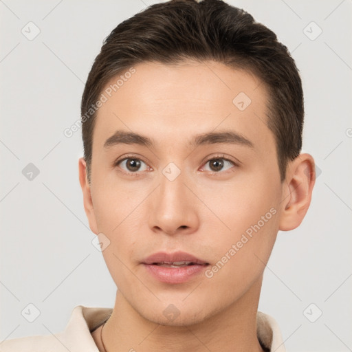 Neutral white young-adult male with short  brown hair and brown eyes