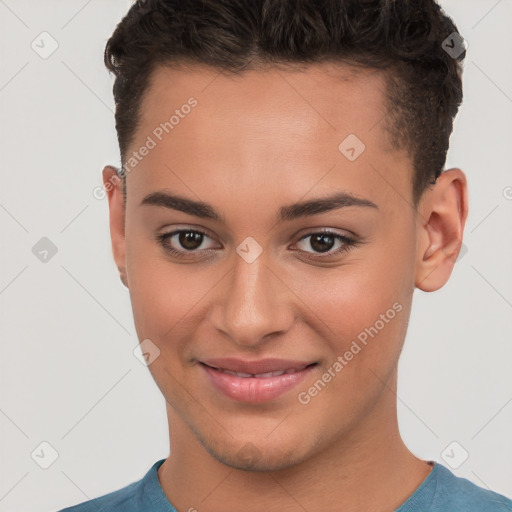 Joyful white young-adult female with short  brown hair and brown eyes