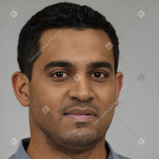 Neutral black young-adult male with short  black hair and brown eyes