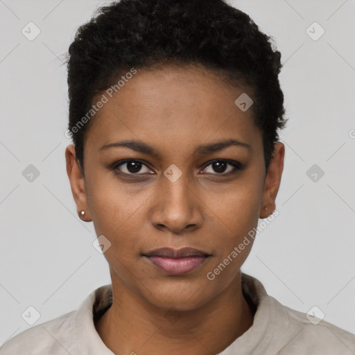 Neutral black young-adult female with short  black hair and brown eyes