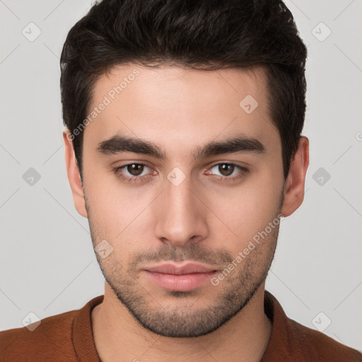 Neutral white young-adult male with short  brown hair and brown eyes