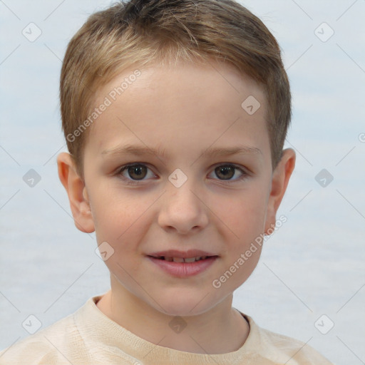 Joyful white child female with short  brown hair and brown eyes