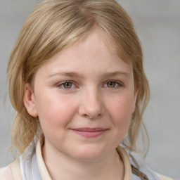 Joyful white child female with medium  brown hair and blue eyes