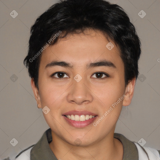 Joyful asian young-adult male with short  black hair and brown eyes