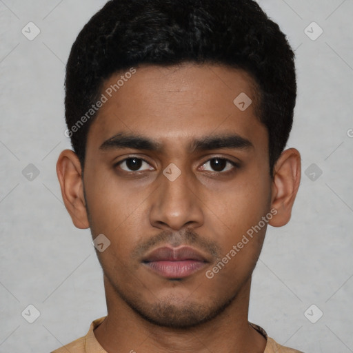 Neutral latino young-adult male with short  black hair and brown eyes