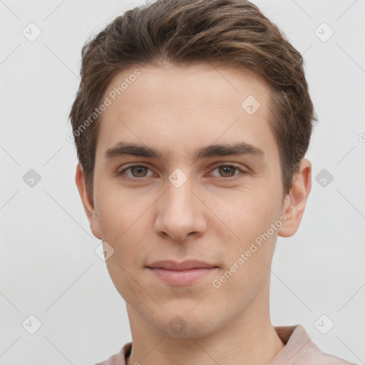 Neutral white young-adult male with short  brown hair and brown eyes