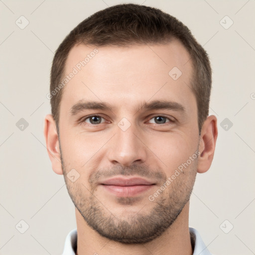 Joyful white young-adult male with short  brown hair and brown eyes