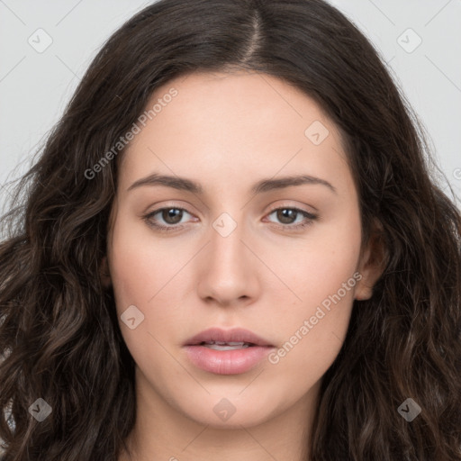 Neutral white young-adult female with long  brown hair and brown eyes