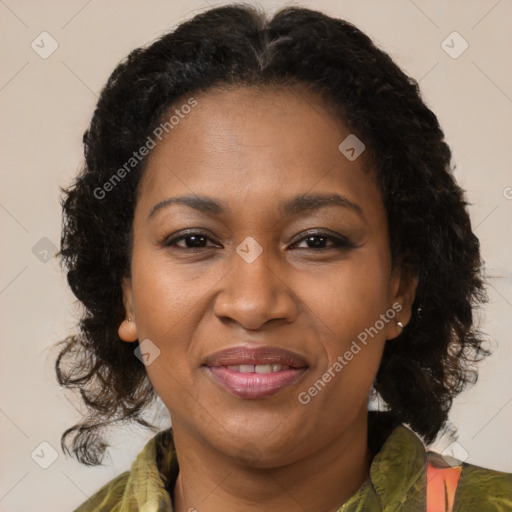 Joyful black adult female with medium  brown hair and brown eyes