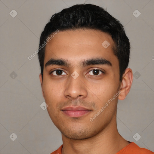 Neutral latino young-adult male with short  black hair and brown eyes