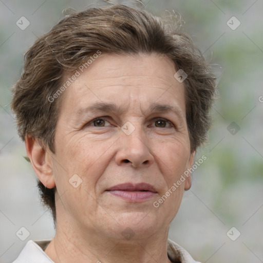 Joyful white middle-aged female with short  brown hair and brown eyes