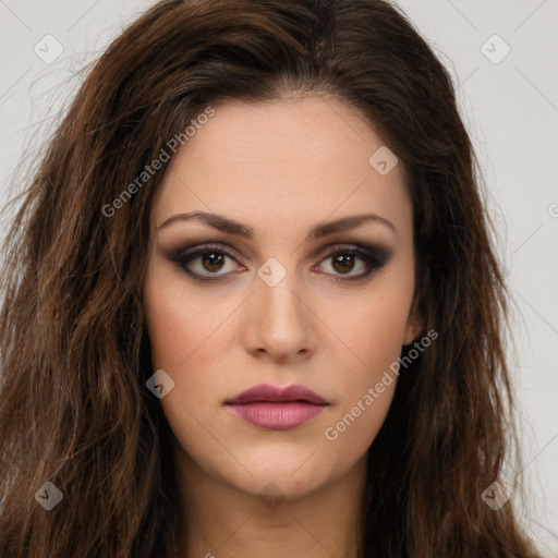 Neutral white young-adult female with long  brown hair and brown eyes