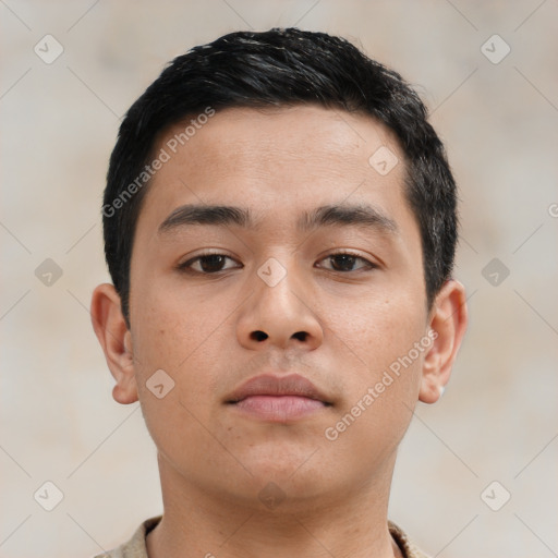 Neutral asian young-adult male with short  brown hair and brown eyes