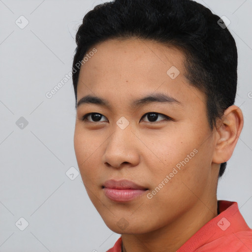 Neutral asian young-adult male with short  black hair and brown eyes