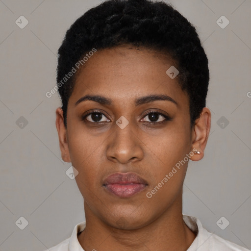 Neutral black young-adult female with short  black hair and brown eyes