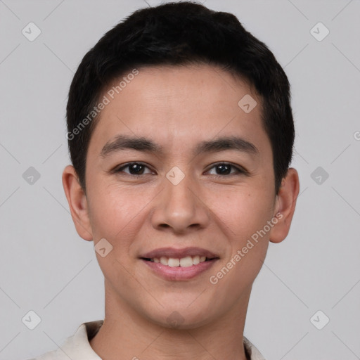 Joyful white young-adult male with short  black hair and brown eyes