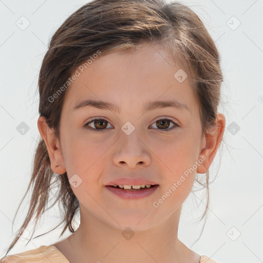 Joyful white child female with medium  brown hair and brown eyes