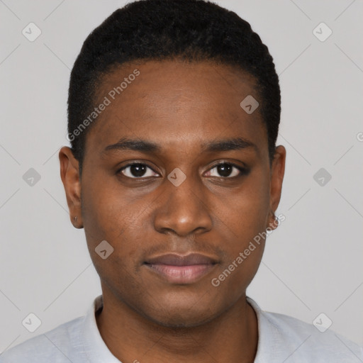 Neutral black young-adult male with short  black hair and brown eyes