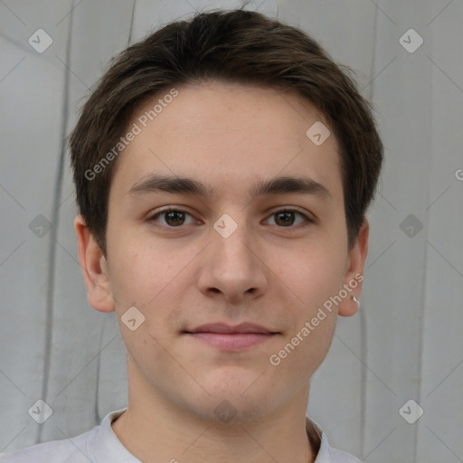 Neutral white young-adult male with short  brown hair and brown eyes