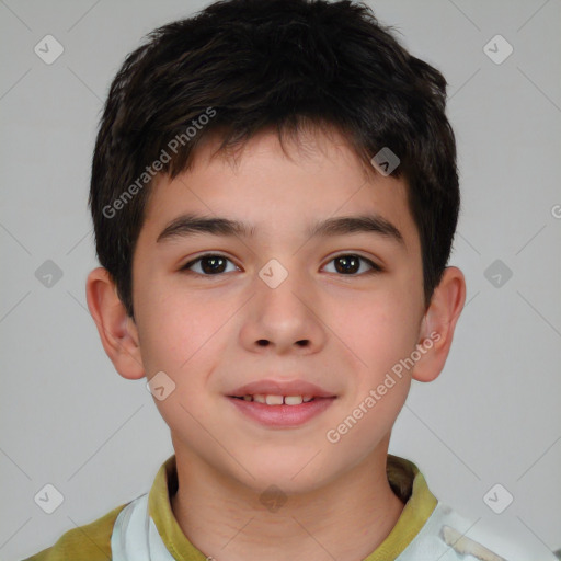 Joyful white child male with short  brown hair and brown eyes