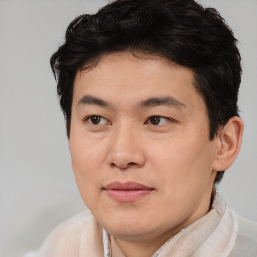 Joyful asian young-adult male with short  brown hair and brown eyes