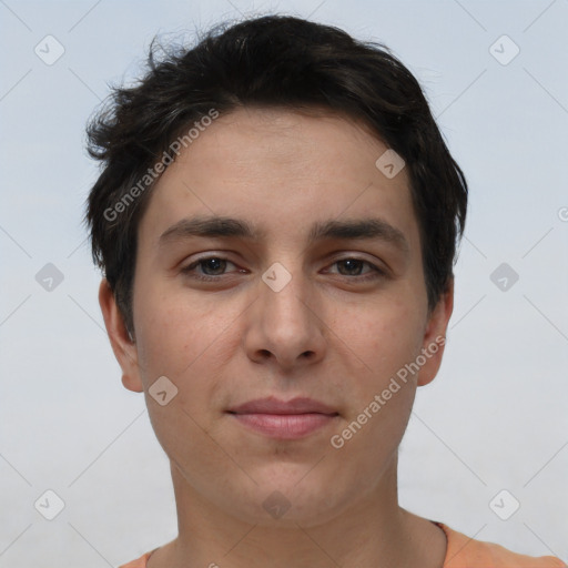 Neutral white young-adult male with short  brown hair and brown eyes