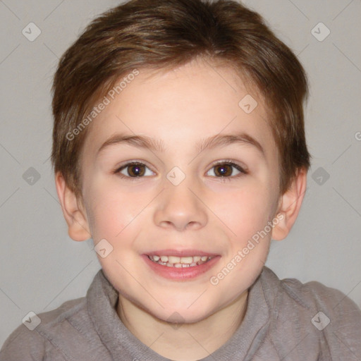 Joyful white child female with short  brown hair and brown eyes