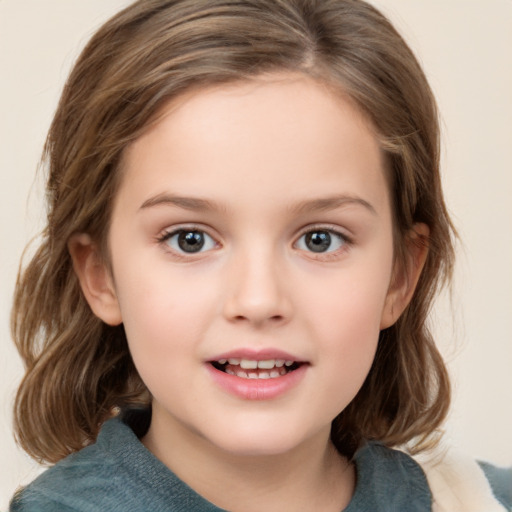 Joyful white child female with medium  brown hair and grey eyes