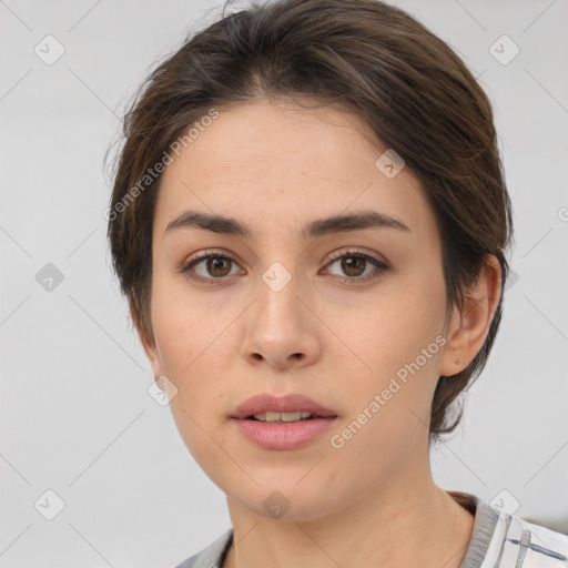 Neutral white young-adult female with medium  brown hair and brown eyes