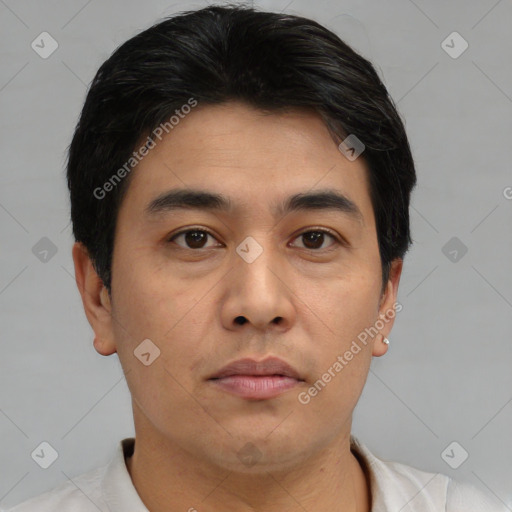 Neutral asian young-adult male with short  black hair and brown eyes