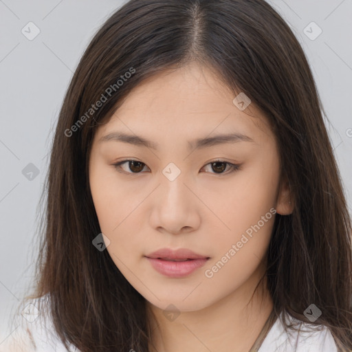 Neutral asian young-adult female with long  brown hair and brown eyes