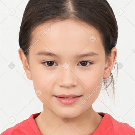 Joyful white child female with medium  brown hair and brown eyes