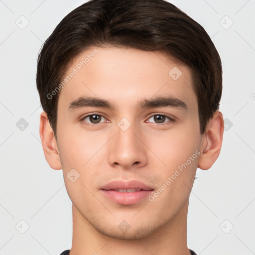 Neutral white young-adult male with short  brown hair and brown eyes