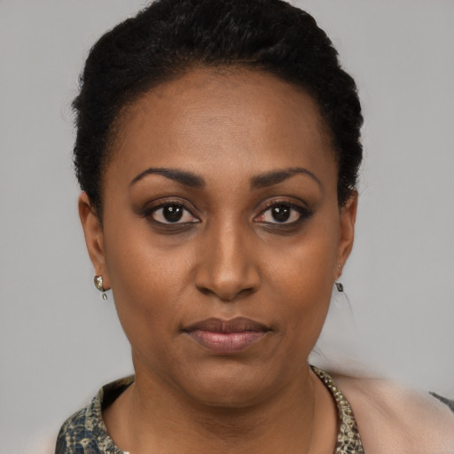 Joyful black young-adult female with short  black hair and brown eyes
