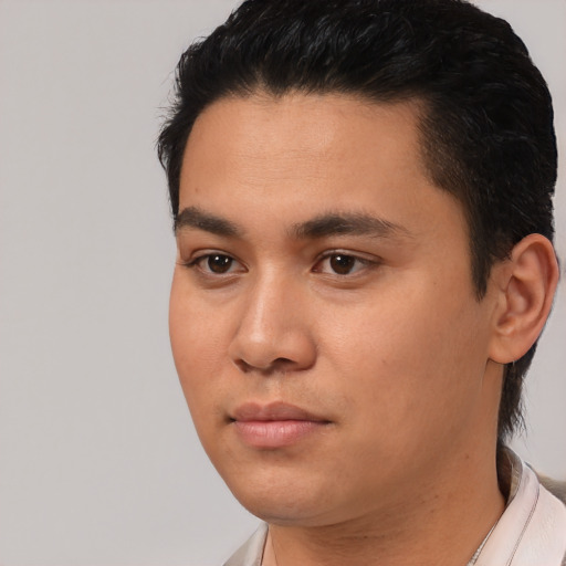 Neutral asian young-adult male with short  black hair and brown eyes