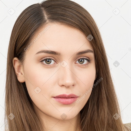 Neutral white young-adult female with long  brown hair and brown eyes