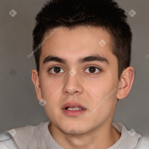 Neutral white young-adult male with short  brown hair and brown eyes