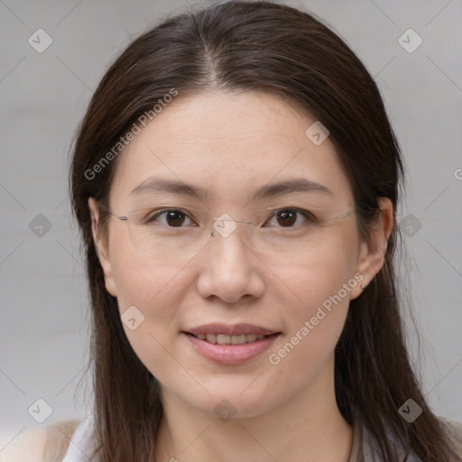 Joyful white young-adult female with medium  brown hair and brown eyes