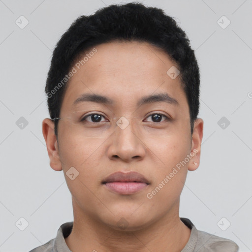 Neutral latino young-adult male with short  black hair and brown eyes