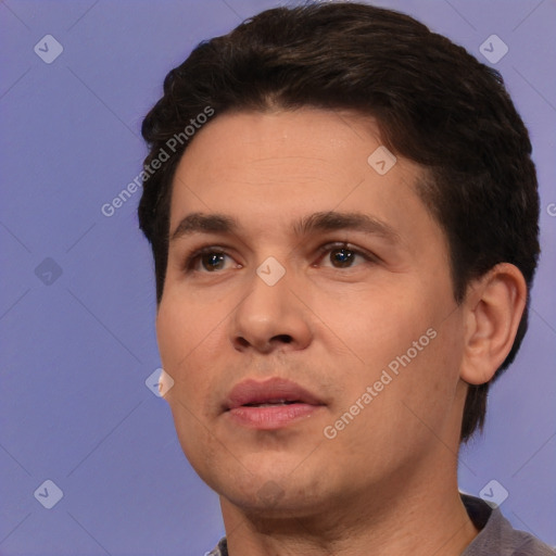 Neutral white young-adult male with short  black hair and brown eyes