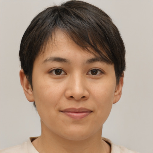 Joyful asian young-adult female with short  brown hair and brown eyes