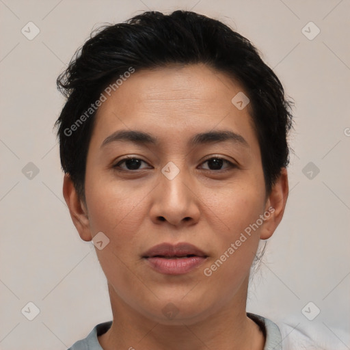 Joyful asian young-adult female with short  black hair and brown eyes