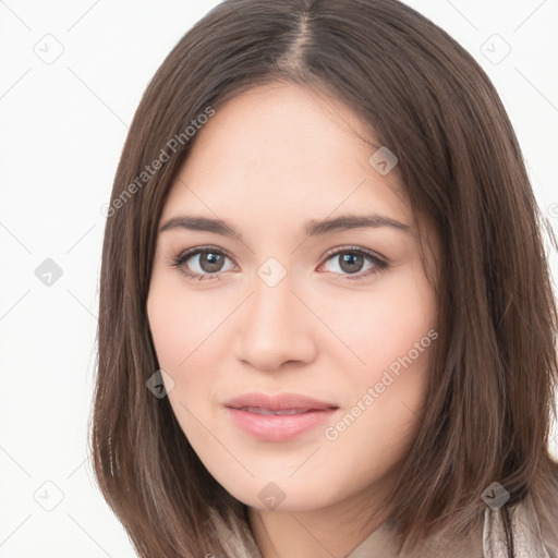 Neutral white young-adult female with long  brown hair and brown eyes