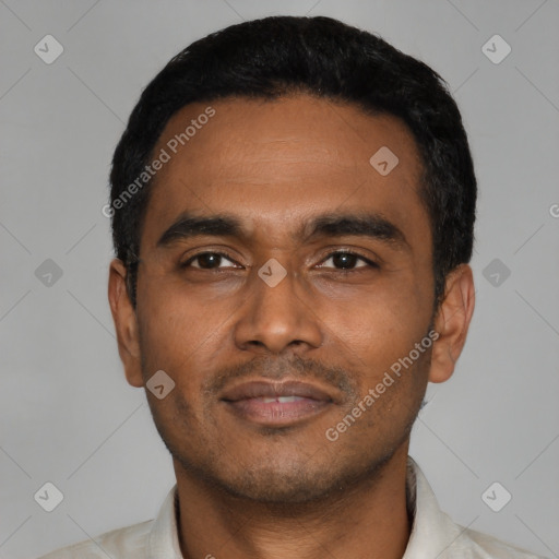 Neutral latino young-adult male with short  black hair and brown eyes