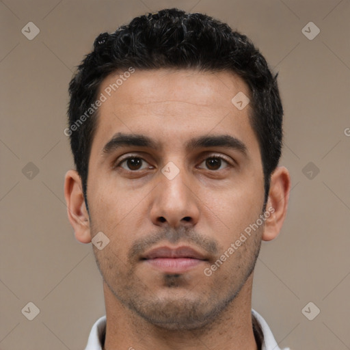 Neutral latino young-adult male with short  black hair and brown eyes