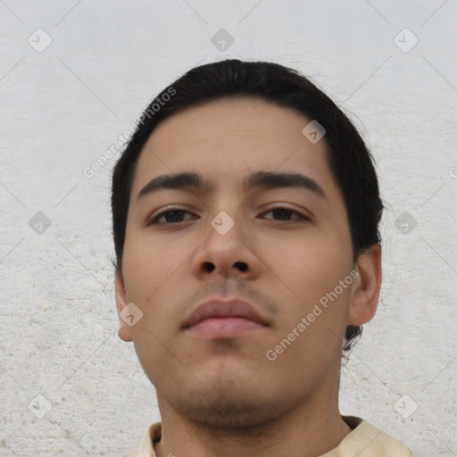 Neutral asian young-adult male with short  black hair and brown eyes