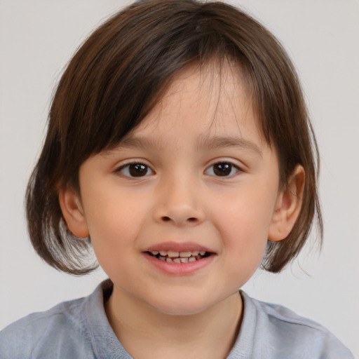 Joyful white child female with medium  brown hair and brown eyes